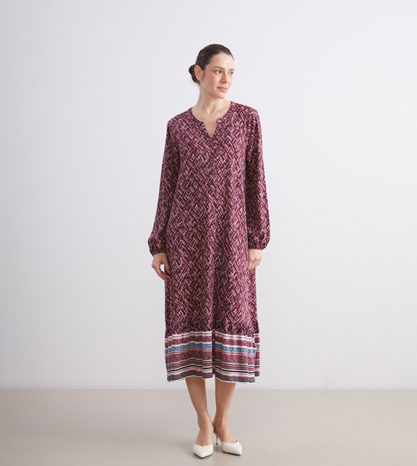 Patterned Long Sleeves Midi Dress