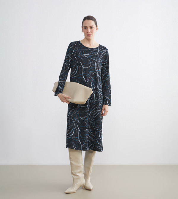 Patterned Crew Neck A-Line Midi Dress