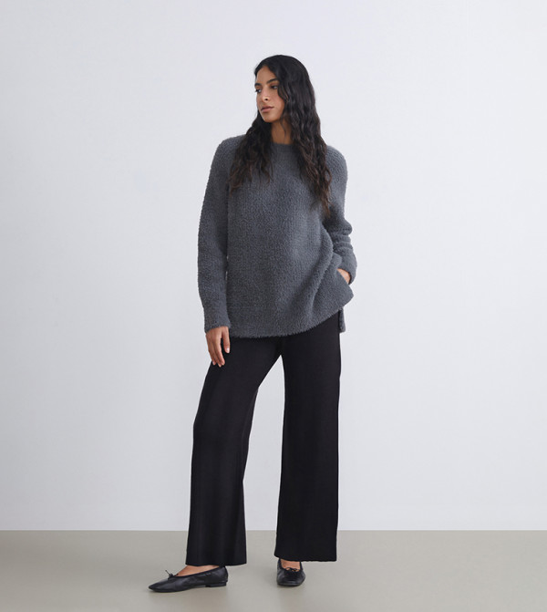 Solid Elastic Waist Wide Leg Trousers