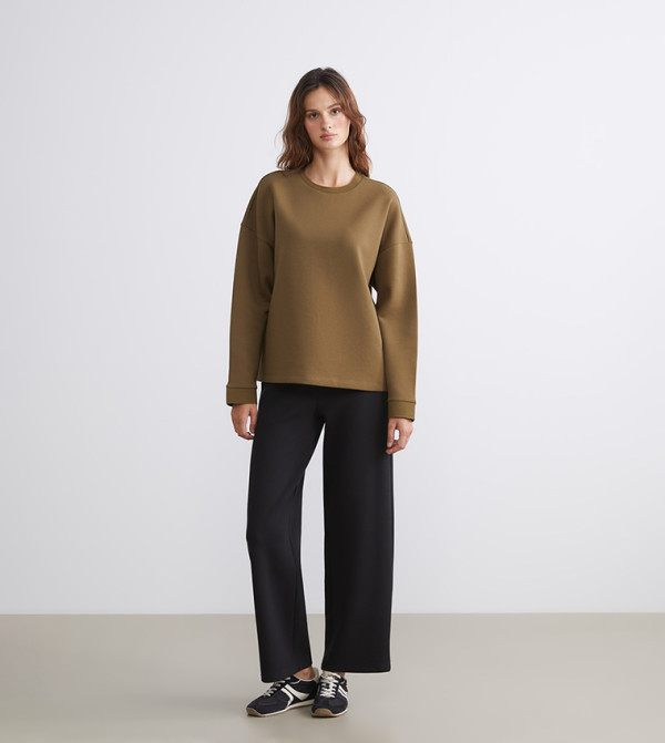 Solid Drawstring Waist Jersey Wide Leg Trousers