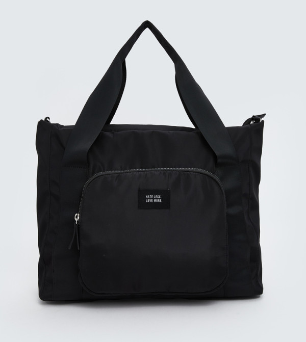 Label Detail Zippered Shoulder Bag