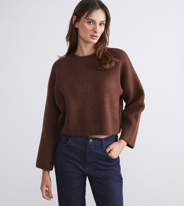 سويتر محبوك سادة برقبة مستديرة 