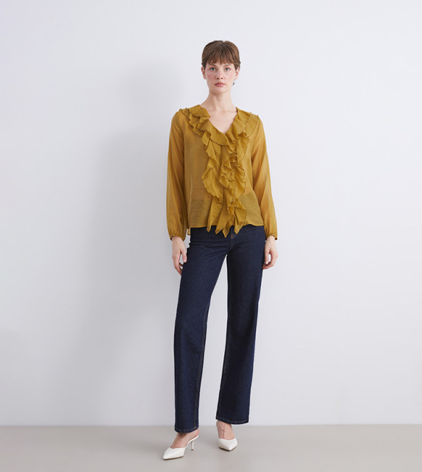 Long Sleeves V-Neck Frilly Top