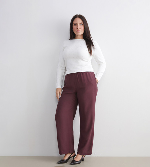 Solid Elastic Waist Wide Leg Trousers