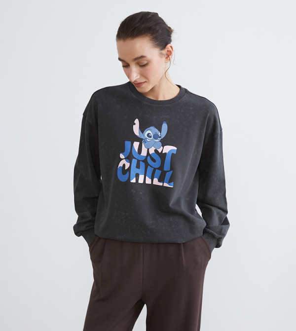 Stitch Printed Crew Neck Oversized Sweatshirt