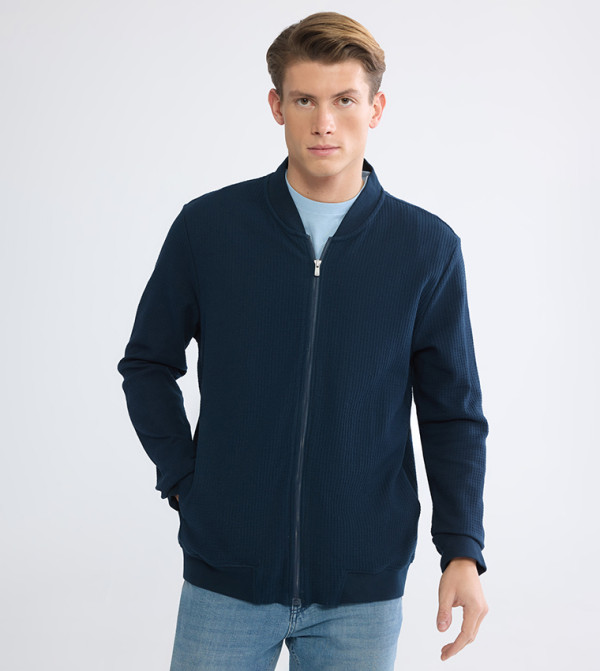 Textured Stand Collar Zip Through Jacket