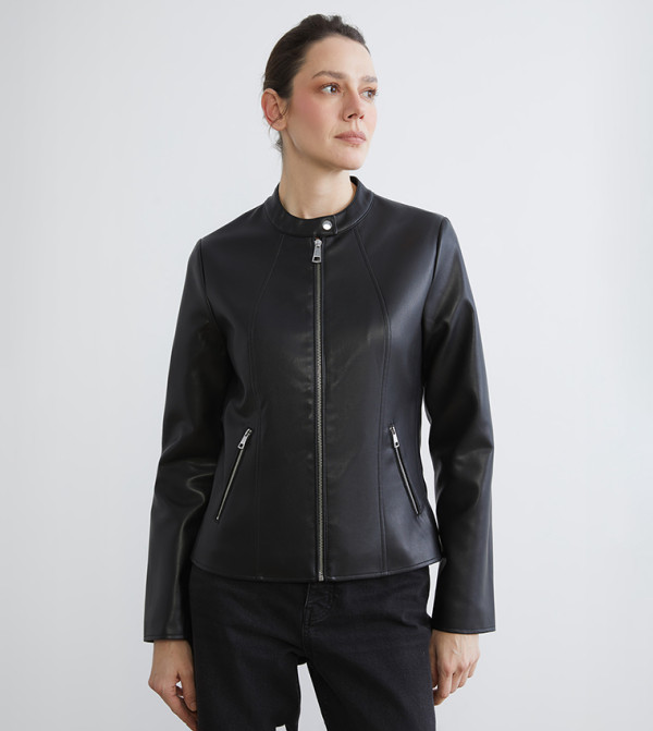 Mandarin Collar Faux Leather Jacket