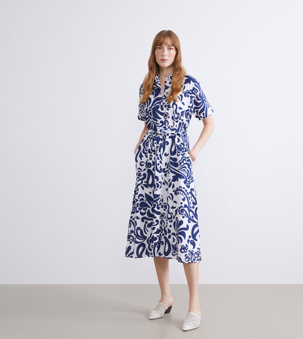 Floral Short Sleeves Belted Shirt Dress