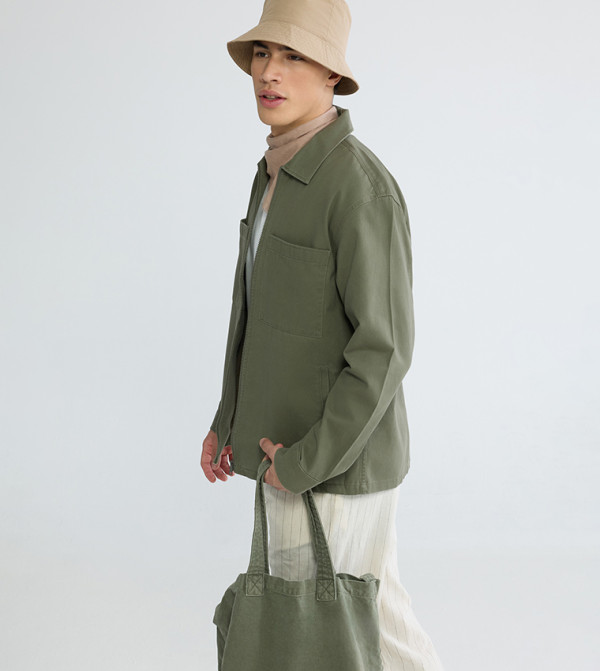 Solid Relaxed Fit Zip-Through Twill Shacket