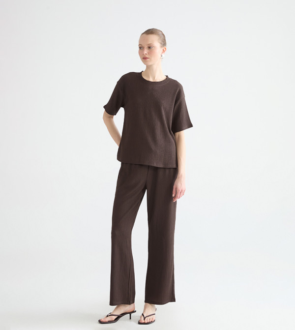 Textured Drawstring Waist Straight Fit Pants