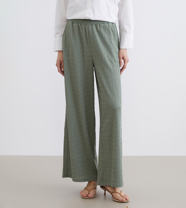 Textured Elastic Waist Wide Leg Trousers