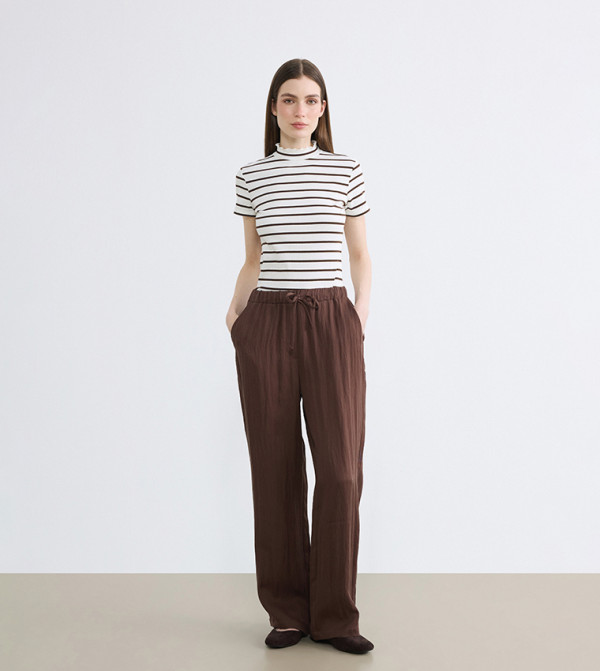 Textured Drawstring Waist Wide Leg Trousers