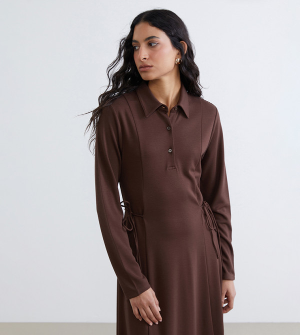 Solid Collared Long Sleeves Maxi Dress