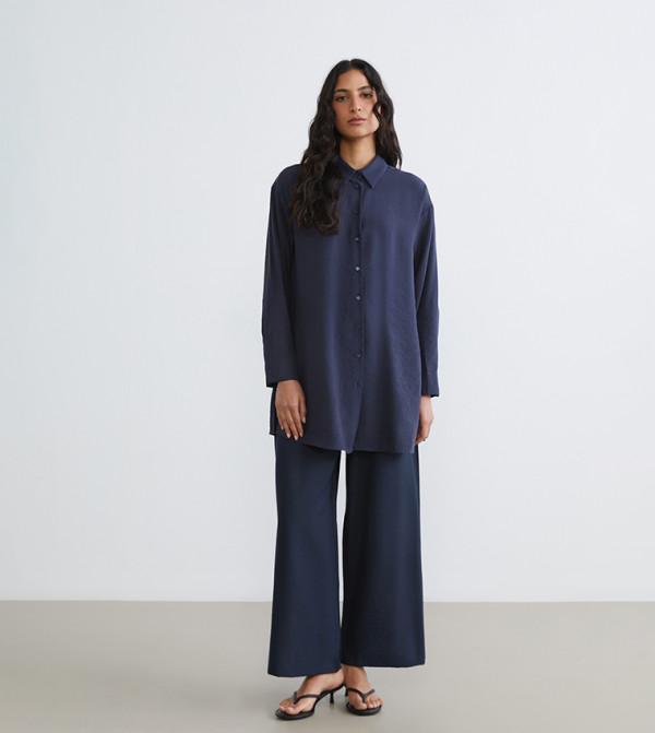 Textured Elastic Waist Wide-Leg Trousers