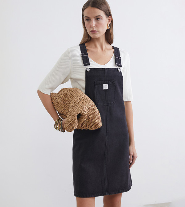 Solid Square Neck Denim Pinafore Dress
