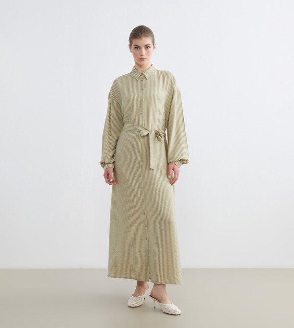 Striped Balloon Sleeves Belted Shirt Dress