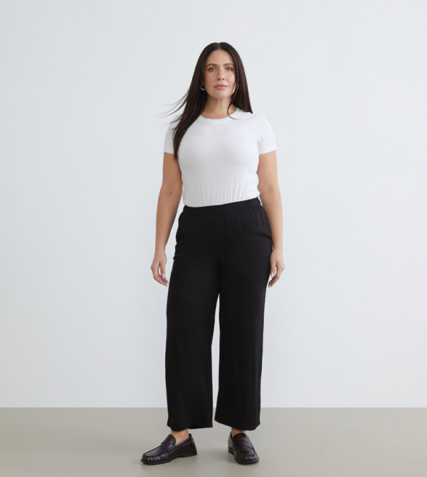 Textured Elastic Waist Straight Fit Pants