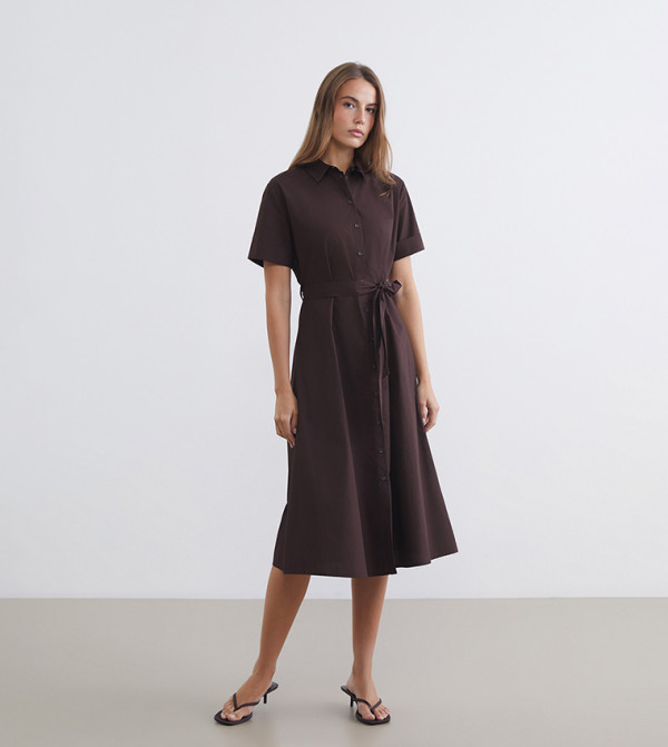 Belted Short Sleeves Poplin Shirt Dress