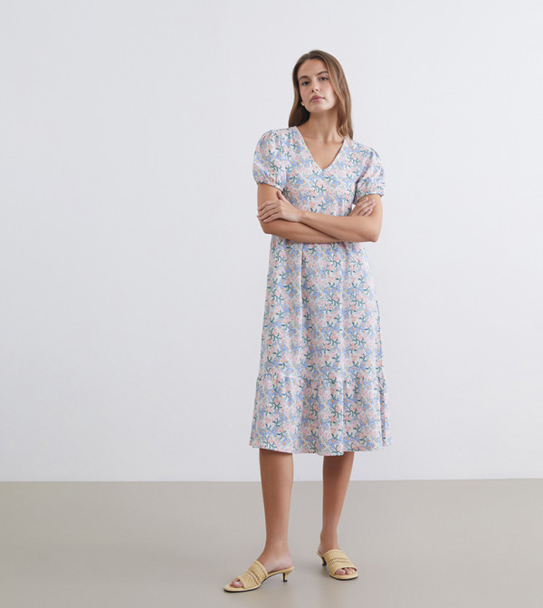 Floral Printed V-Neck Midi Dress