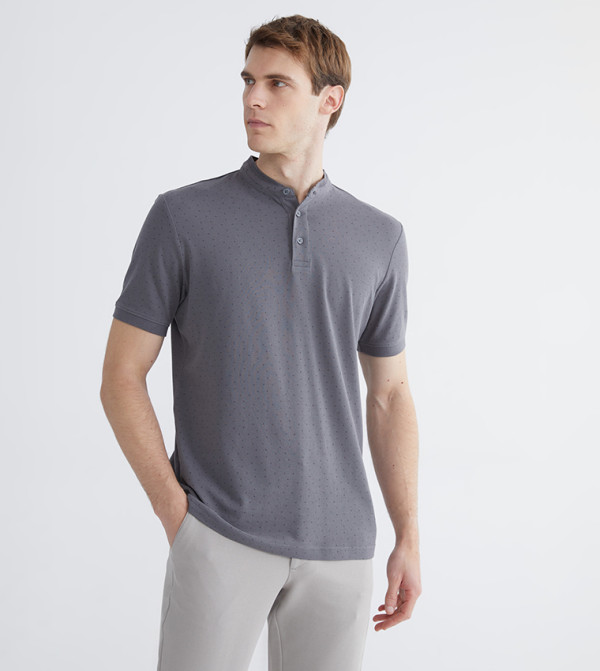 Printed Mandarin Collar Pique T-Shirt