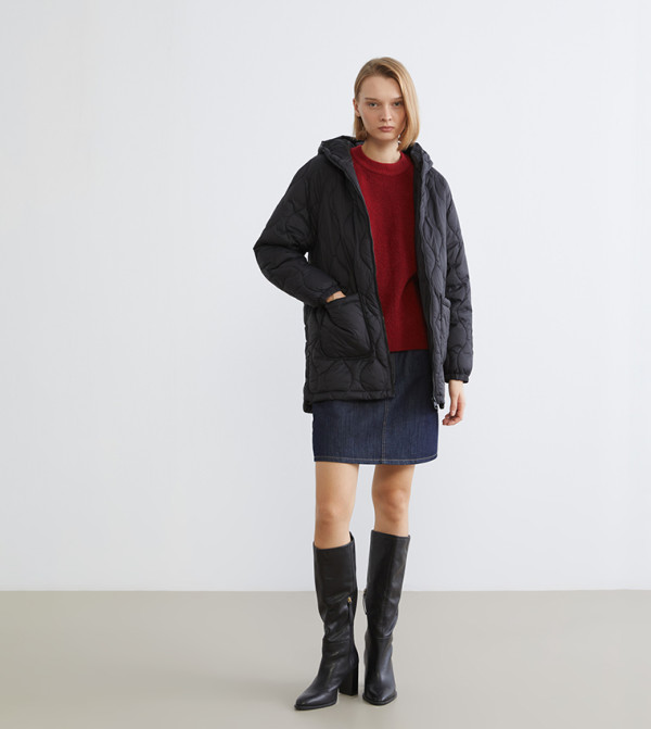 Solid Hooded Zip Through Quilted Coat