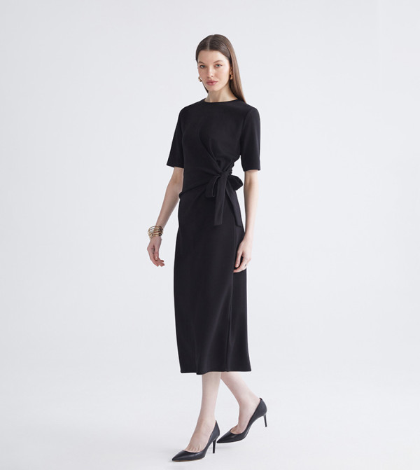 Solid Crew Neck Midi Dress