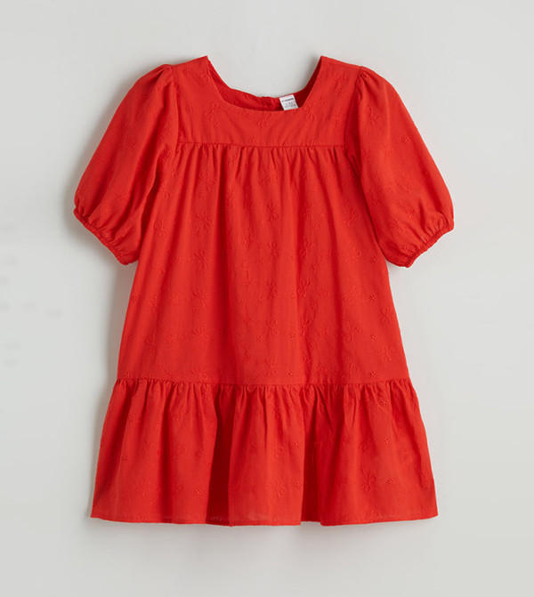 Schiffli Puff Sleeves A-Line Dress
