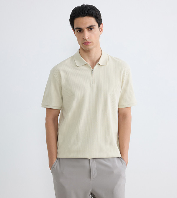 Ribbed Short Sleeves Knit Polo T-Shirt