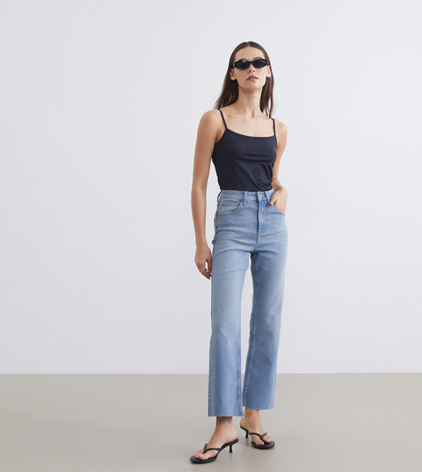 Washed High Rise Cropped Flared Jeans