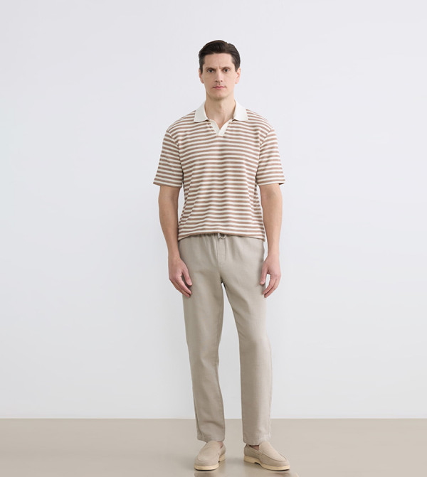 Drawstring Waist Regular Fit Gabardine Trousers