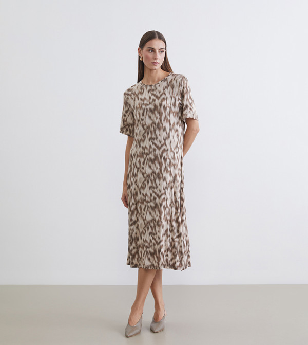 Patterned Crew Neck Short Sleeves Midi Dress