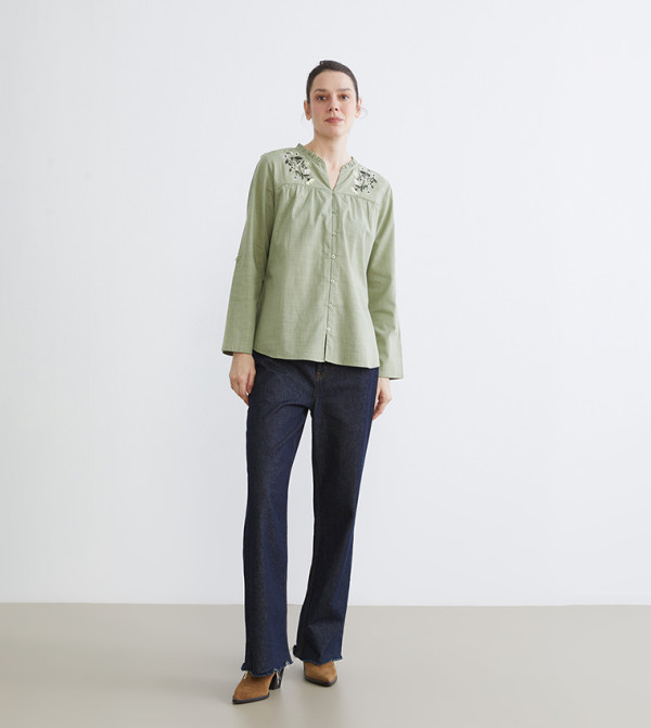 Floral Embroidered Stand-Up Collar Shirt