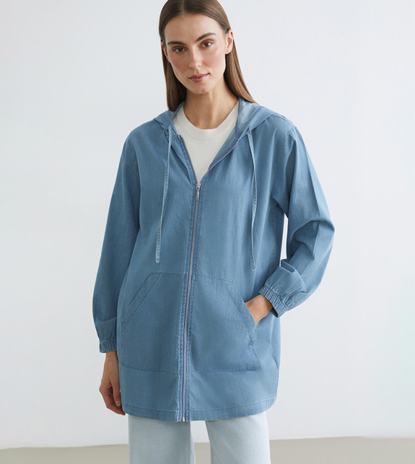Washed Hooded Denim Tunic Jacket