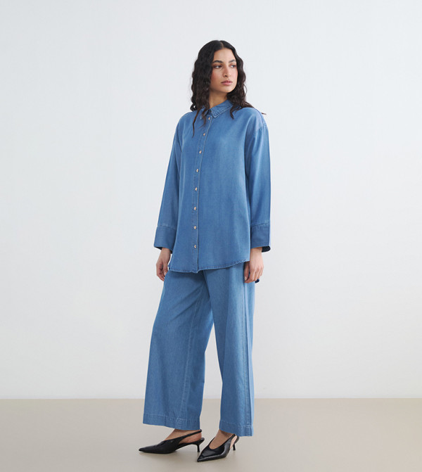 Solid Elastic Waist Woven Jeans