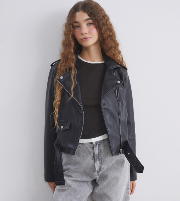 Solid Zippered Biker Jacket