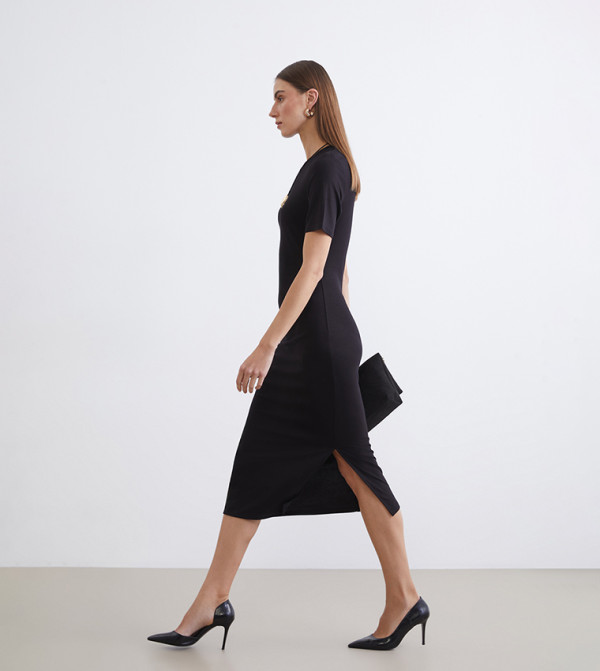 Crew Neck Gathered Slit Detail Midi Dress