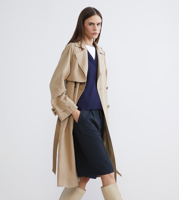 جاكيت ترنش منسوج بأكمام طويلة مع حزام