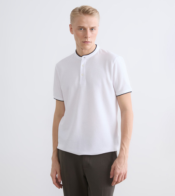 Textured Sleeves Grandad Collar T-Shirt