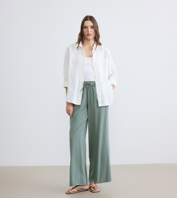 Textured Drawstring Waist Wide Leg Trousers