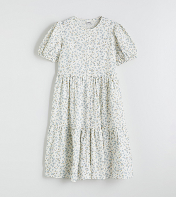 Printed Puff Sleeves Tiered Dress