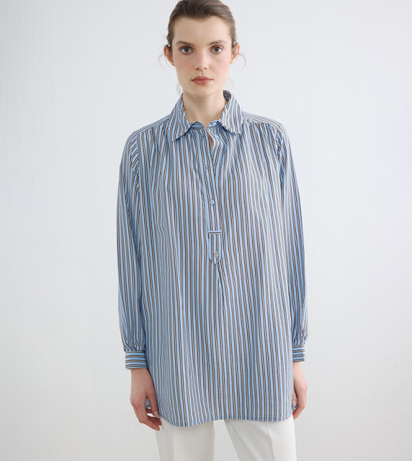 Striped Half Placket Long Sleeves Oversized Shirt