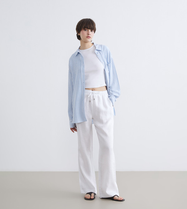 Solid Drawstring Waist Woven Trousers