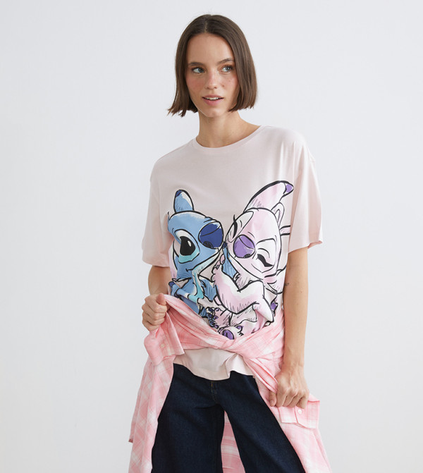 Stitch and Angel Printed Crew Neck T-Shirt
