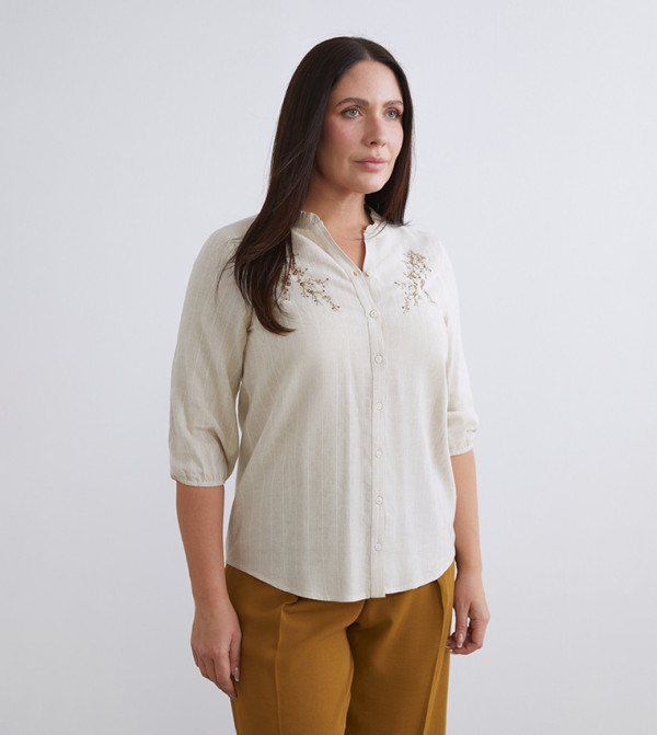 Striped Embroidered Linen-Blend Top