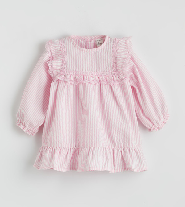 Striped Long Sleeves Lace Detail Dress