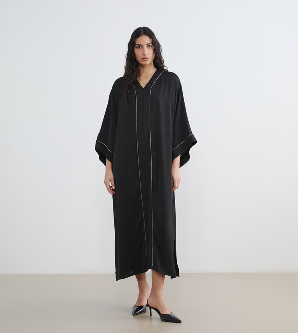 Modest Rhinestone Embellished V-Neck Oversized Satin Midi Dress