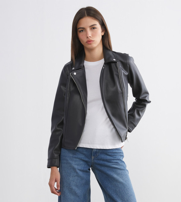 Solid Zippered Biker Jacket