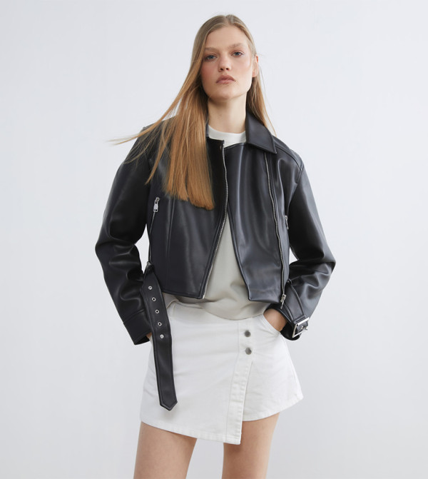 Solid Zippered Biker Jacket