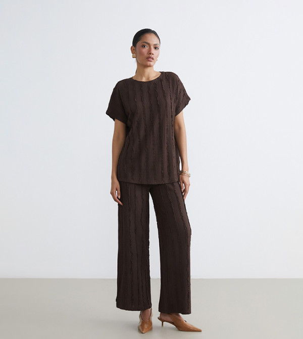 Textured Elastic Waist Wide Leg Trousers