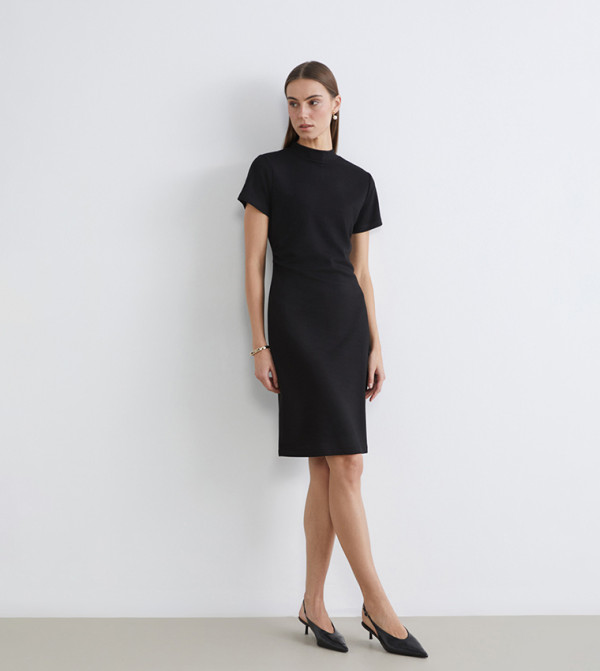 Ruched Mock Neck Midi Dress